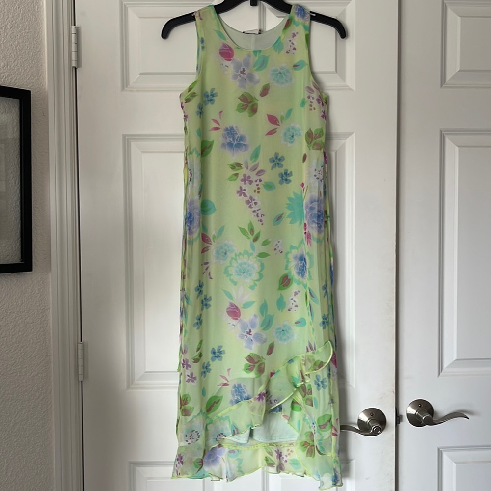R.M.L.A. Girls chiffon dress. Light green with delicate floral overlay Sz 14 EUC